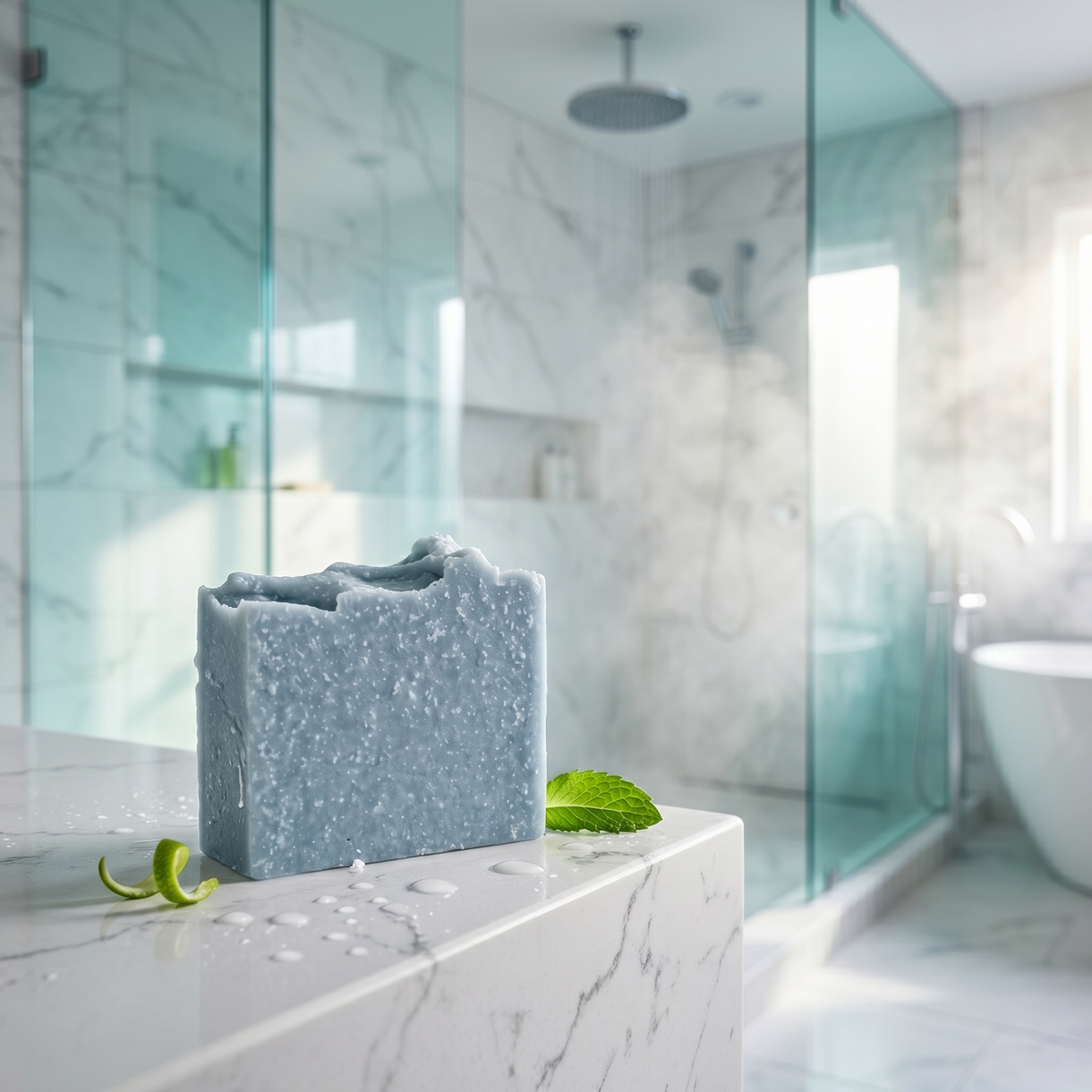 a blue soap on a marble counter
