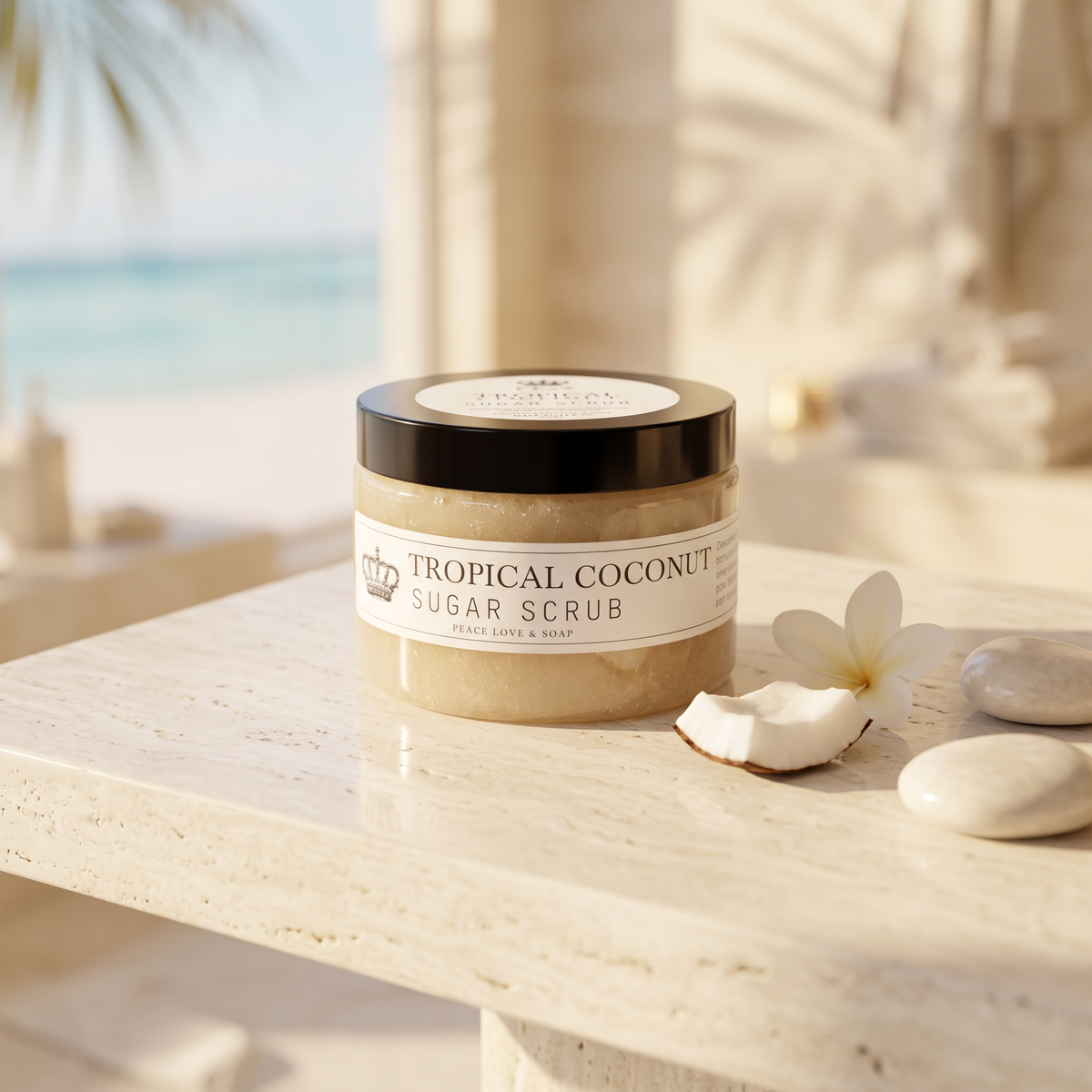 a jar of coconut scrub on a marble surface