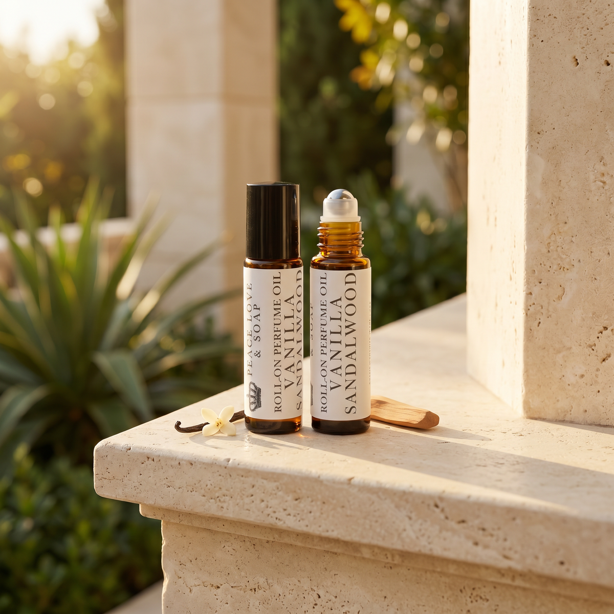 two bottles of essential oils on a stone ledge