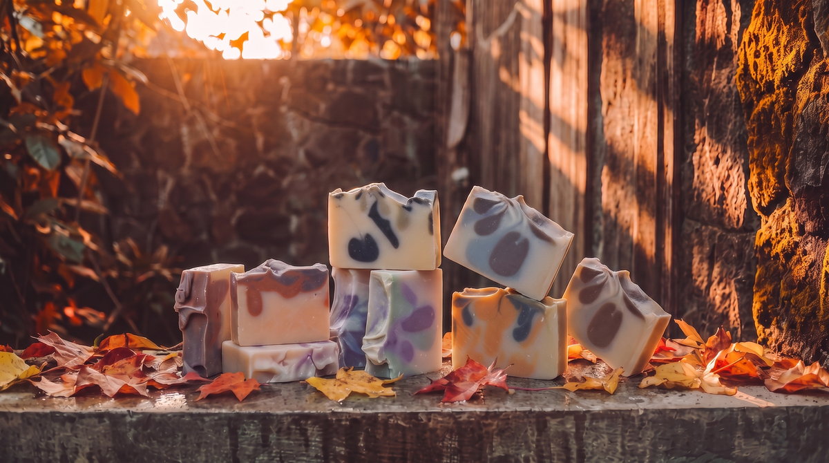 Peace Love & Soap Bar Soap collection featuring three distinct unwrapped handmade soaps in a moody garden setting