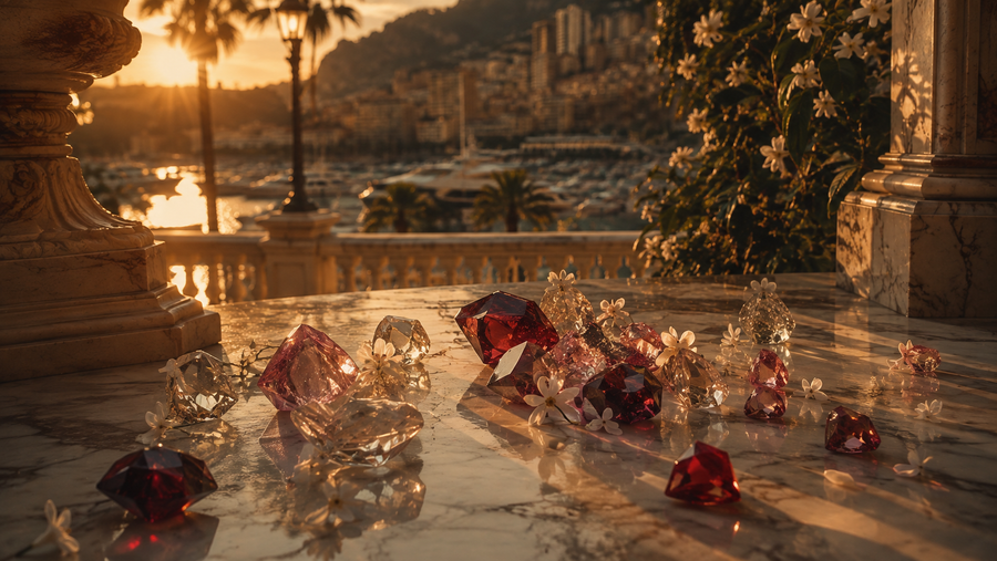 Luxury Baccarat Rouge collection scene with red and clear crystals, white florals and warm golden light
