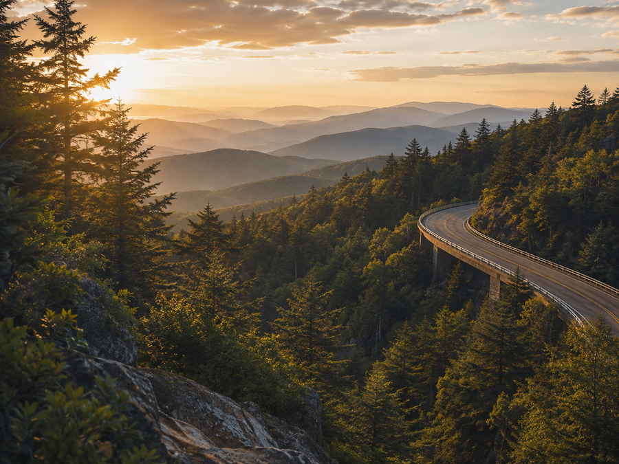 Blue Ridge Parkway winding through layered mountain ridges at golden hour