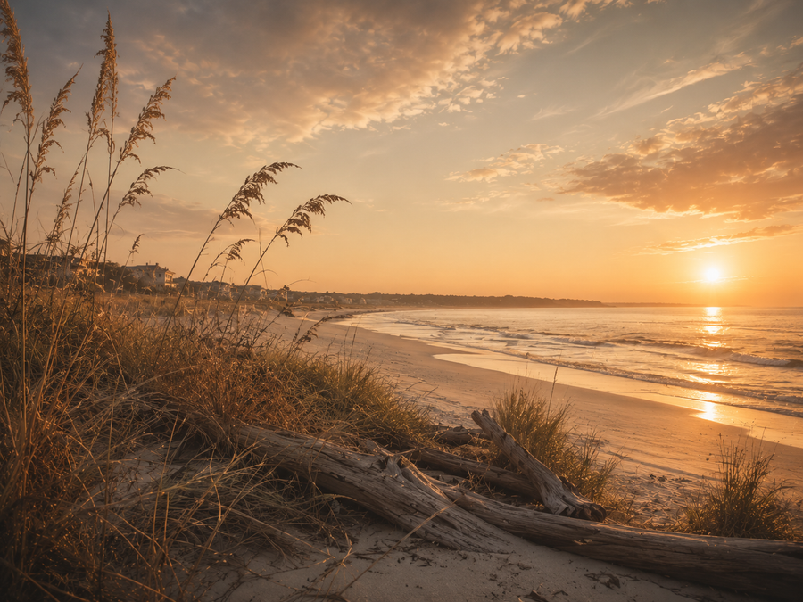 Warm Carolina coastline at golden hour with sea oats, driftwood and a quiet beach