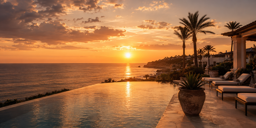 Luxury coastal resort at golden hour with infinity pool, palms and sunset over the ocean