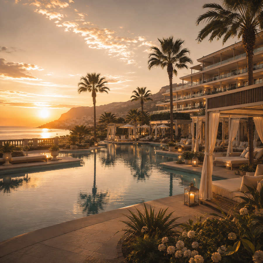 Modern luxury hotel pool at golden hour with palm trees, cabanas and coastal views
