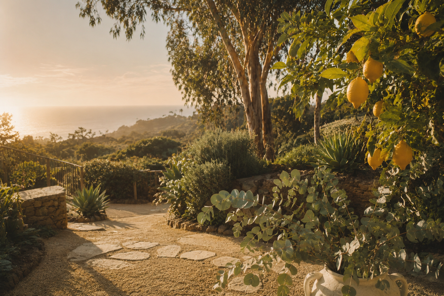 Warm sunlit lemon and eucalyptus garden with coastal view and vintage editorial grain
