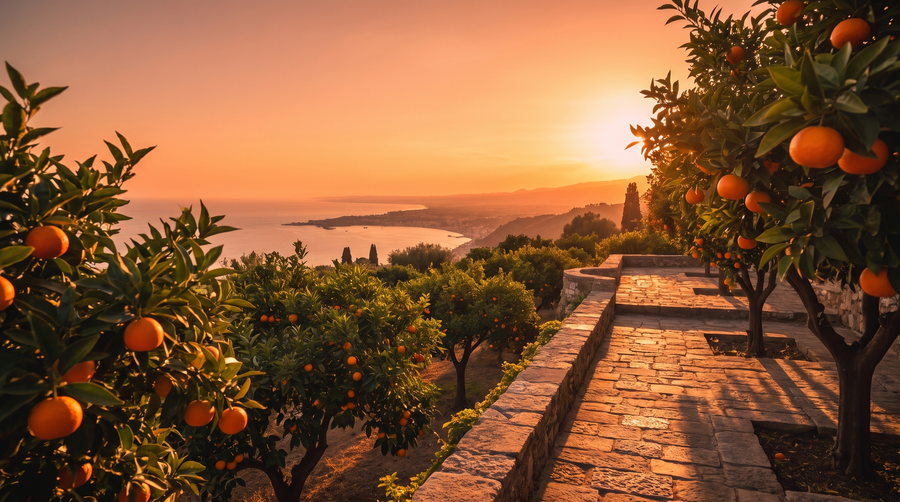 Elegant Mediterranean coastal sunset framed by mandarin branches and luxury architecture