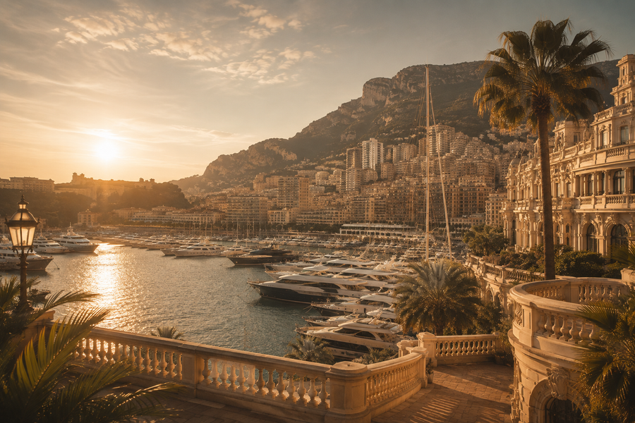 Cinematic golden-hour view of Monaco harbor with yachts, palms and elegant Mediterranean architecture