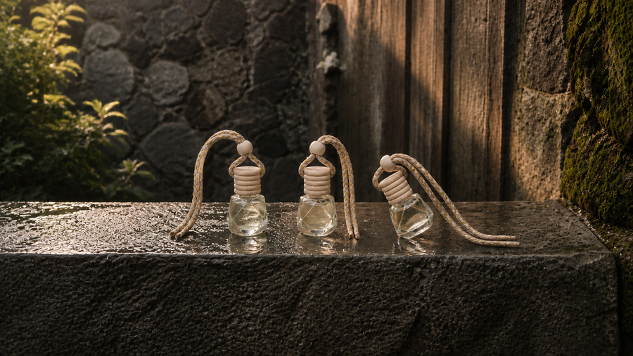 Peace Love & Soap car diffusers displayed on wet stone in a softly lit garden courtyard