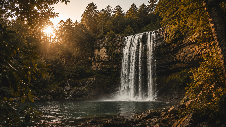 Realistic Rainbow Falls waterfall in warm golden forest light with rich vintage editorial color and subtle grain