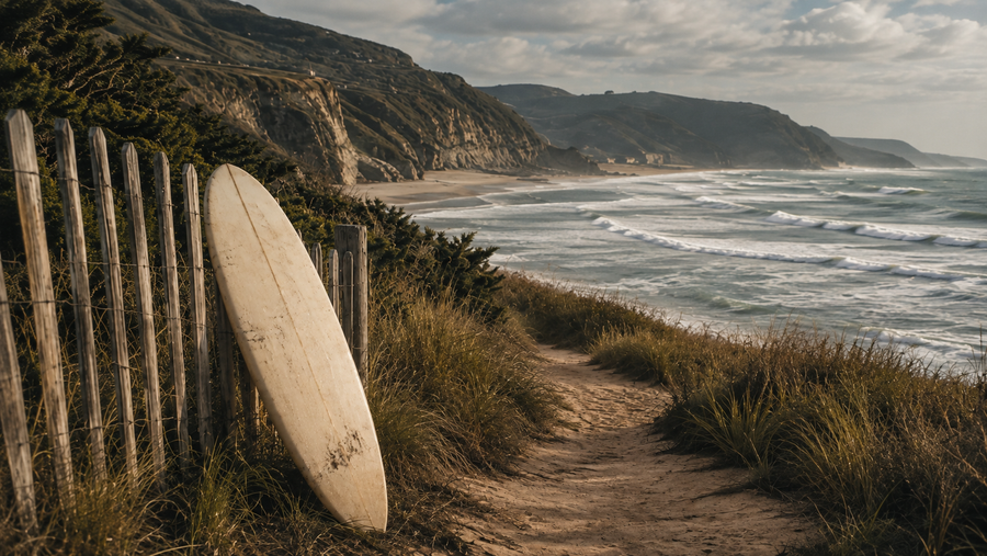 Warm golden-hour surf coast with dune grass, a weathered surfboard and vintage editorial grain