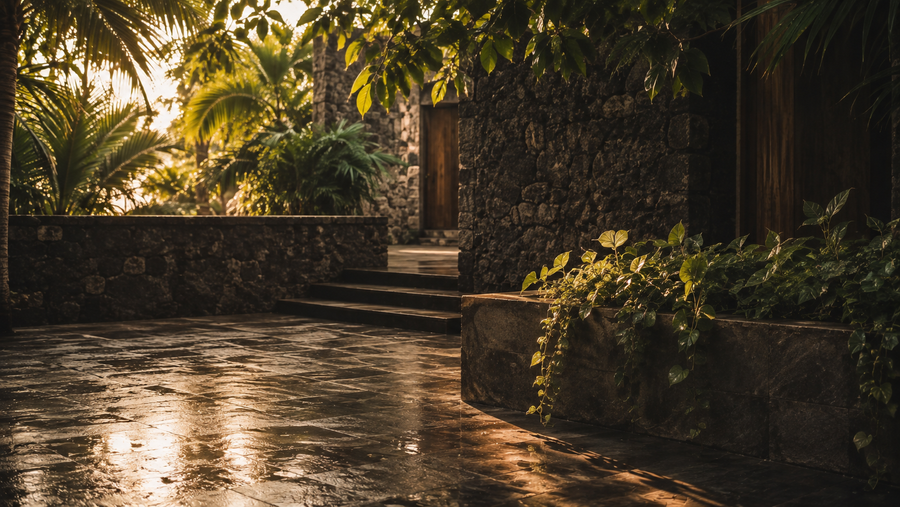 Moody tropical stone courtyard with warm filtered light, deep shadows and vintage editorial grain