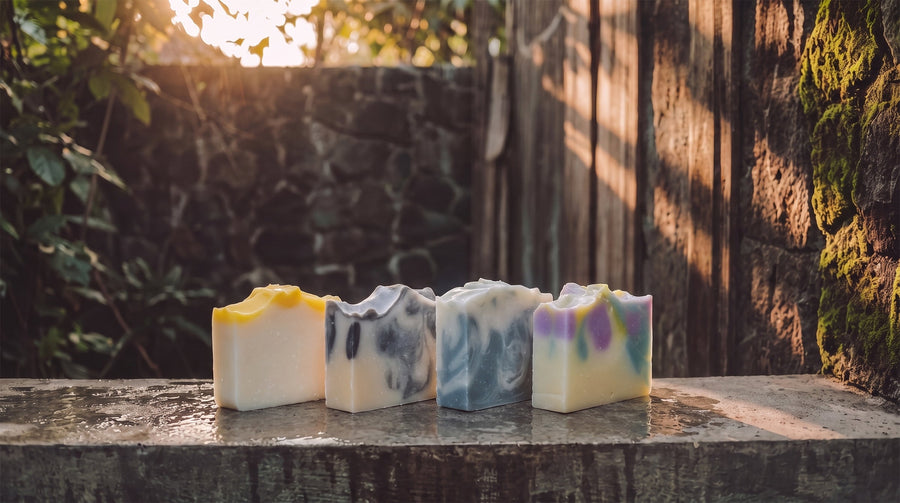 Peace Love & Soap Bar Soap collection featuring three distinct unwrapped handmade soaps in a moody garden setting