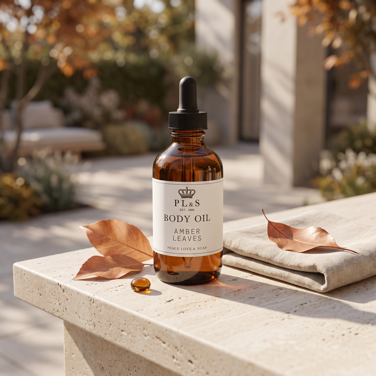a bottle of body oil on a stone surface