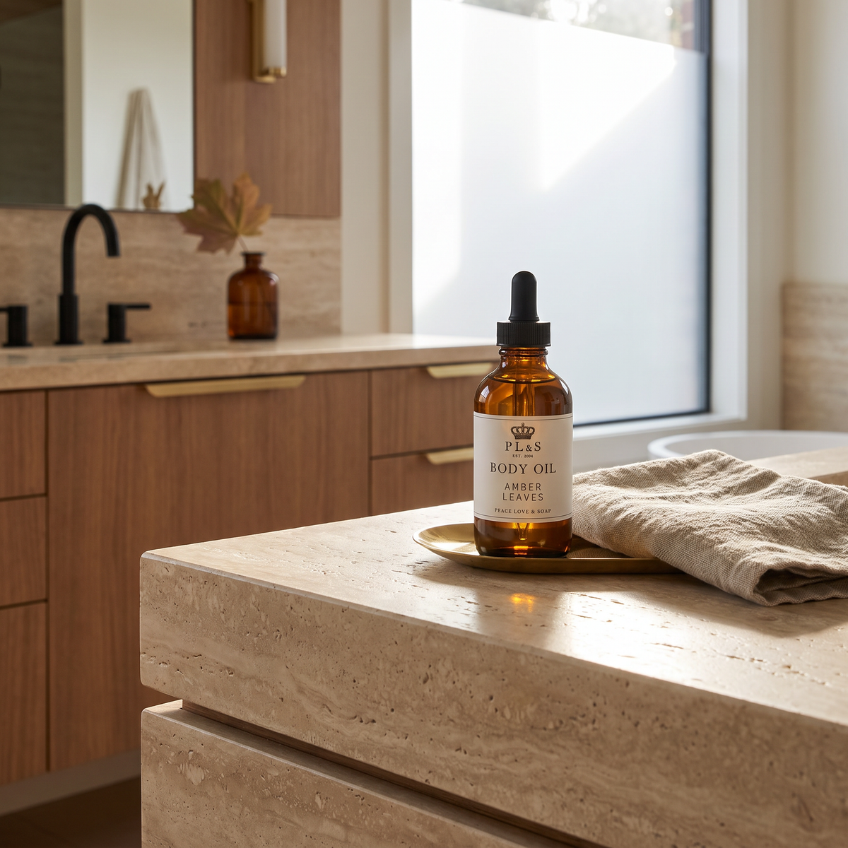 a bottle of oil on a counter