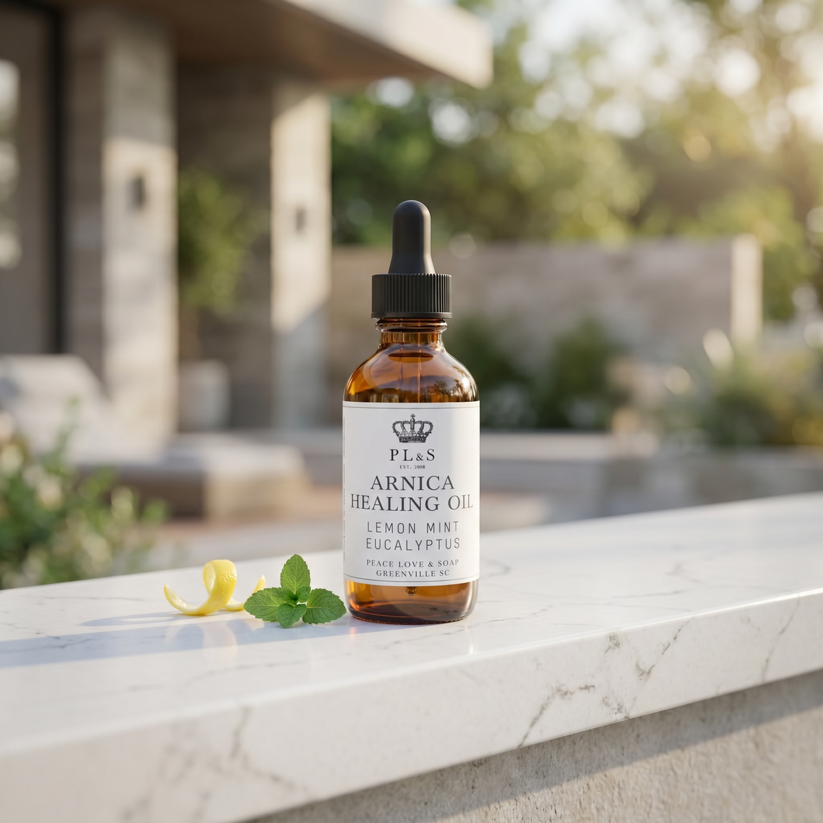 a bottle of essential oil on a marble ledge
