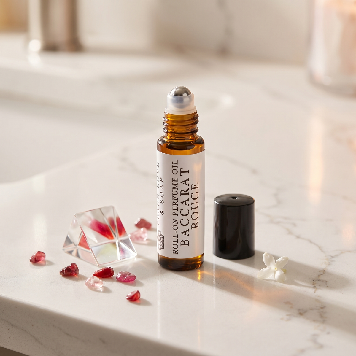 a bottle of perfume on a marble counter