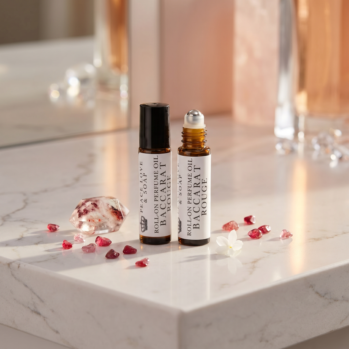 two small bottles of essential oils on a marble counter