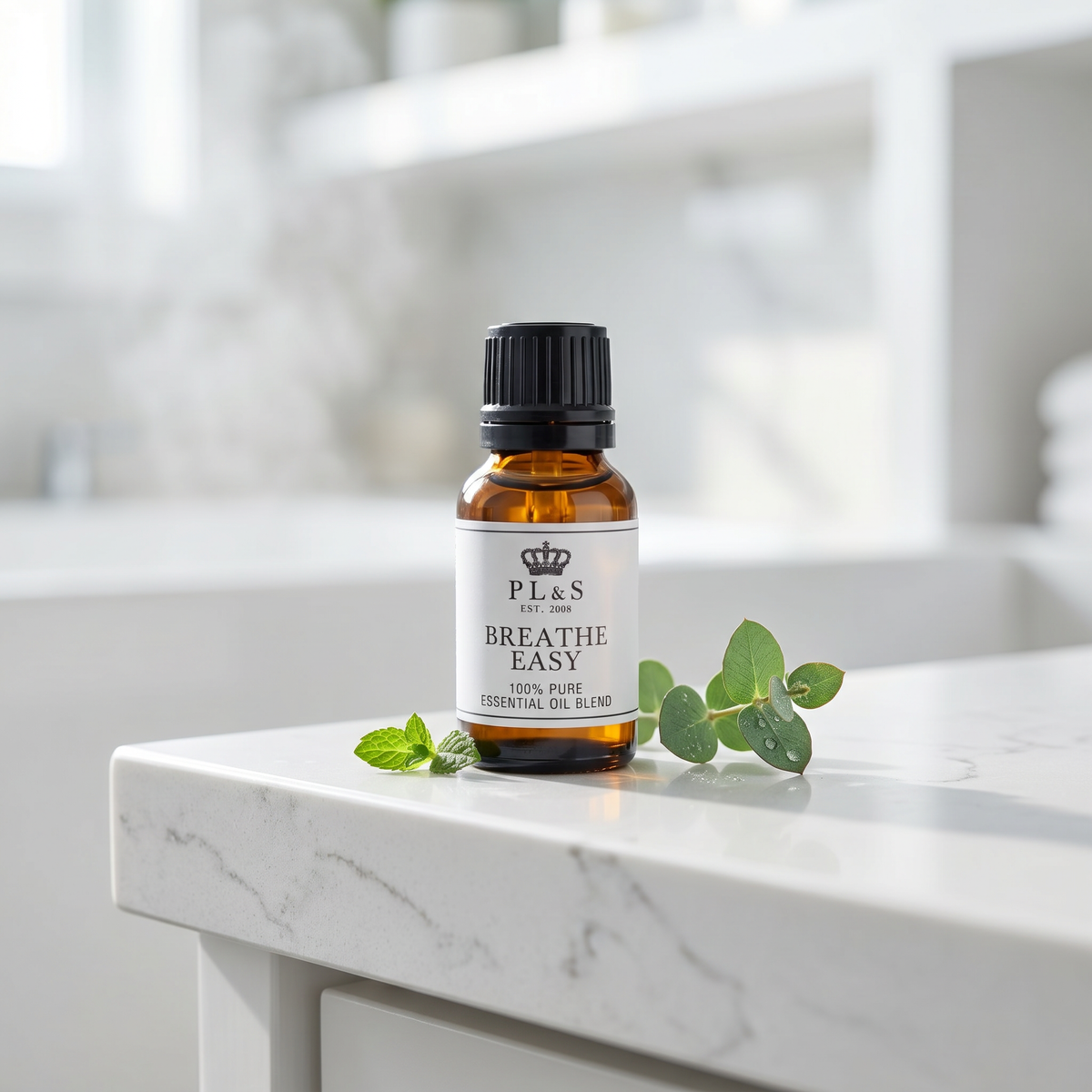 a small bottle of essential oil on a marble counter