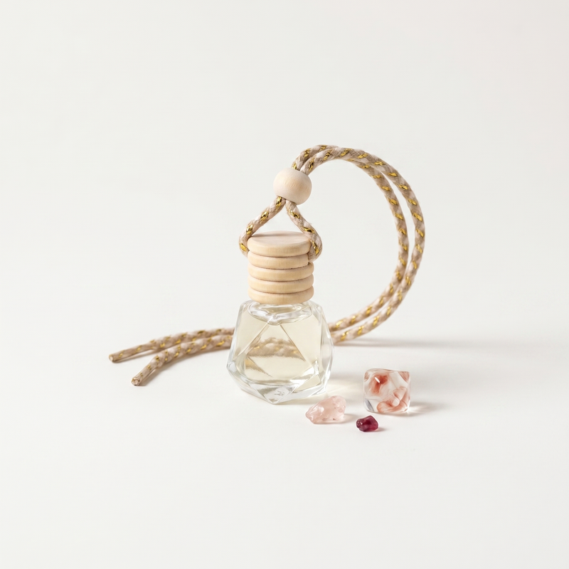 a small glass bottle with a wooden cap and a rope