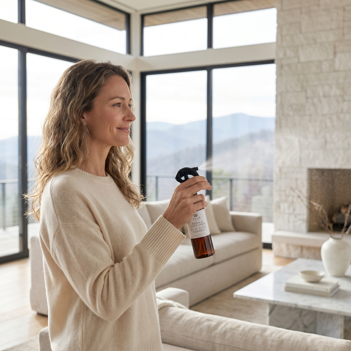a woman holding a spray bottle in a room