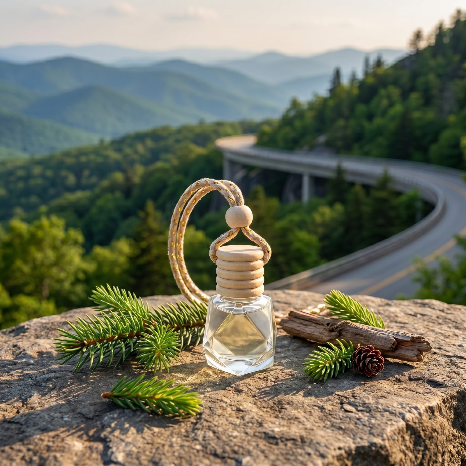 Small glass bottle with wooden cap on a string, next to a pine branch on a light background