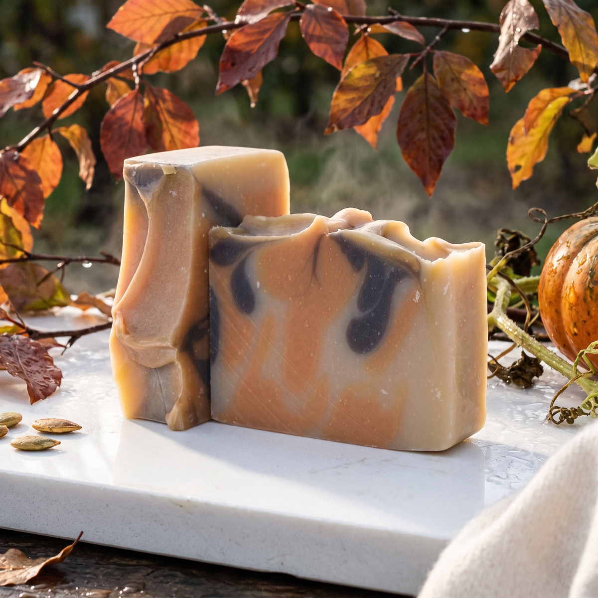 a two blocks of soap on a white marble surface