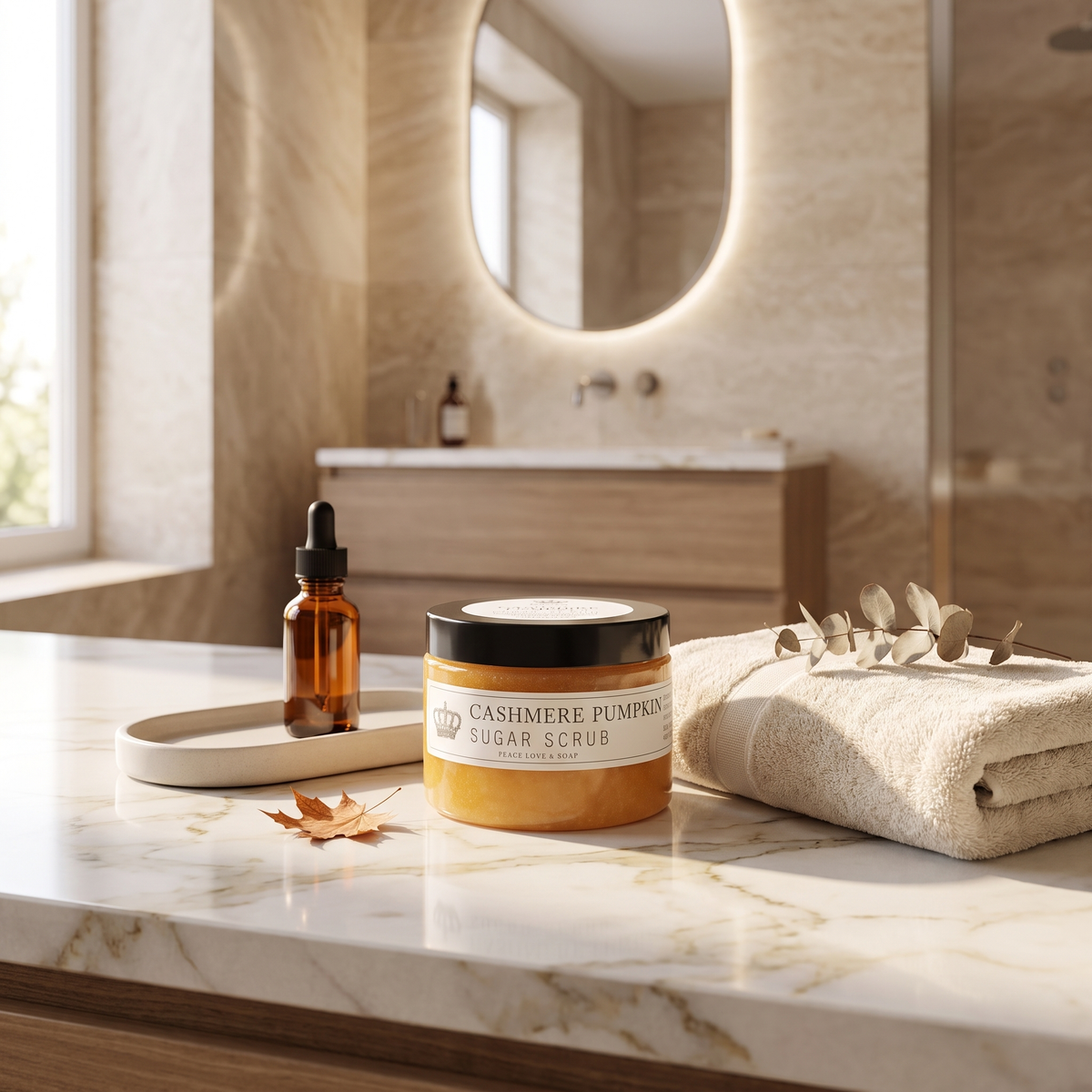 a bathroom counter with a towel and a jar of body butter