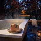 a soap on a stone plate next to a hot tub