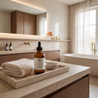 a bathroom with a bathtub and a bottle of essential oil