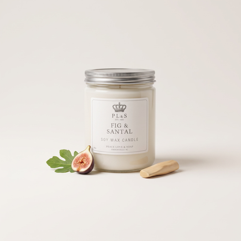 a jar of white liquid next to a fig and a piece of wood