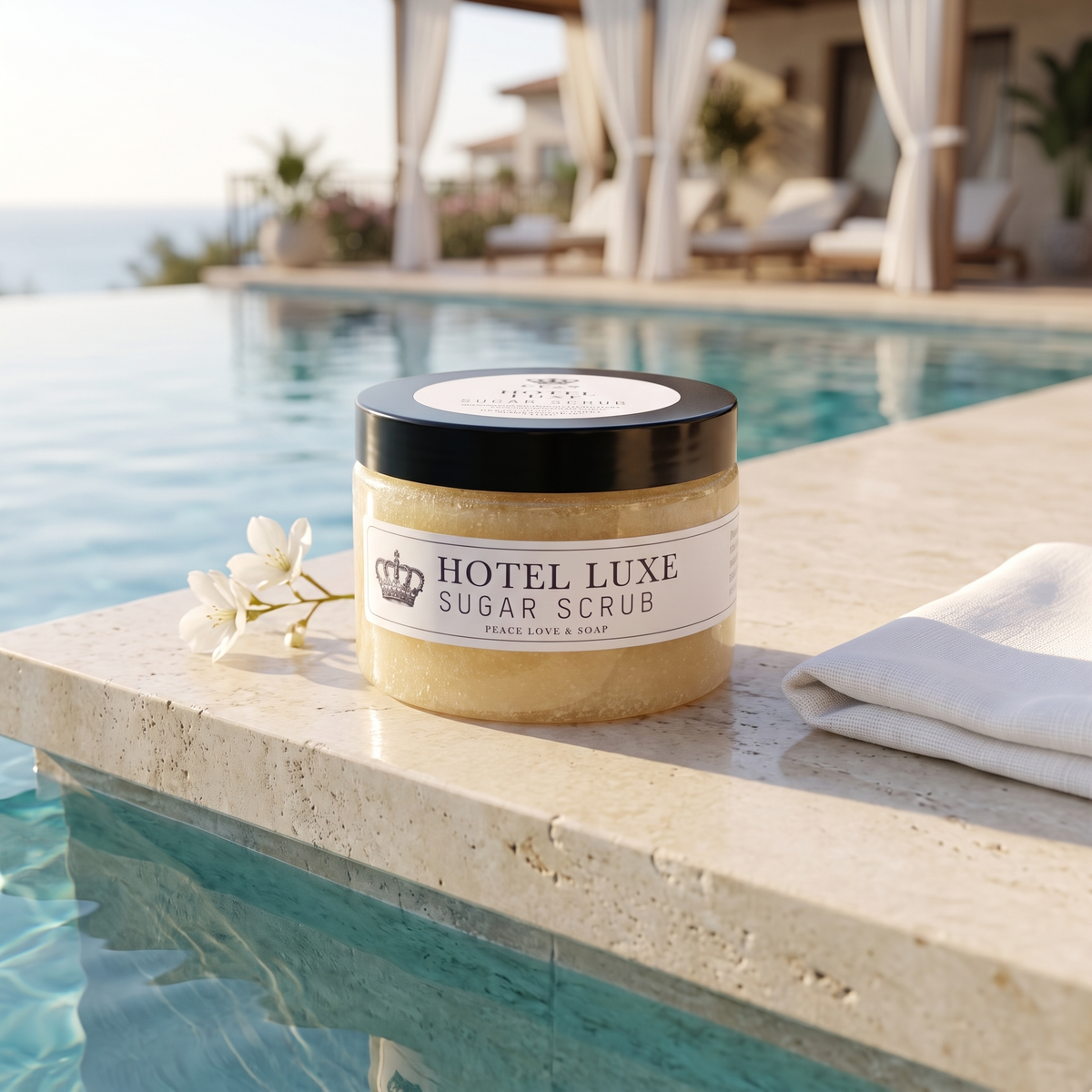 a jar of scrub on a ledge of a pool