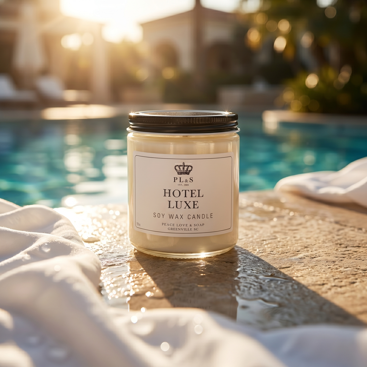 a candle on a pool side