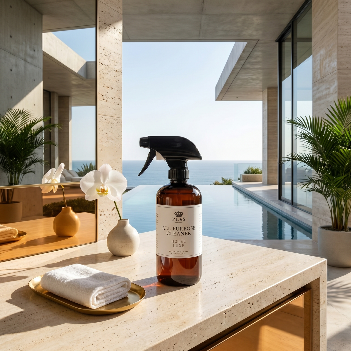 a spray bottle on a table with a towel and a towel on it
