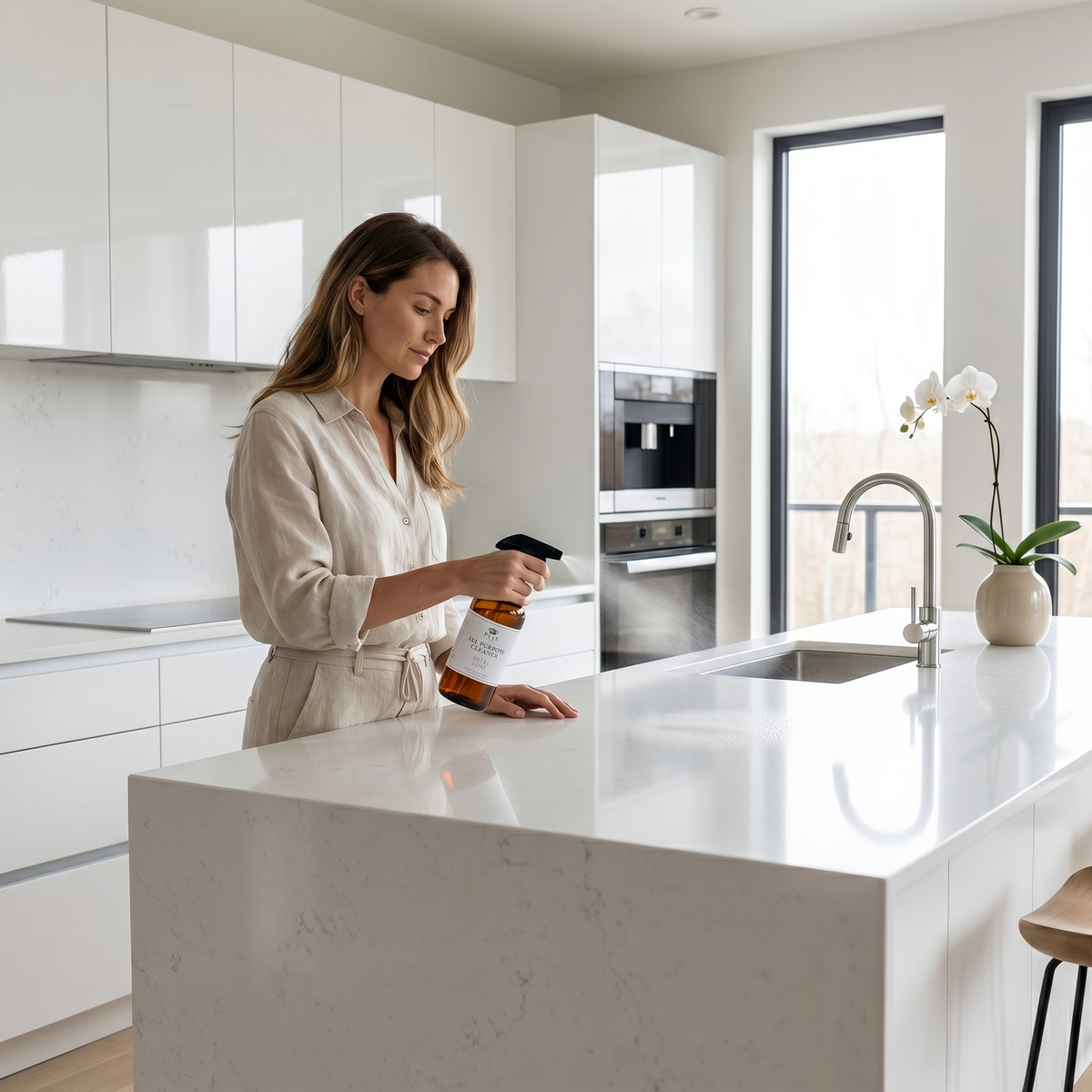 a woman holding a bottle in a kitchen