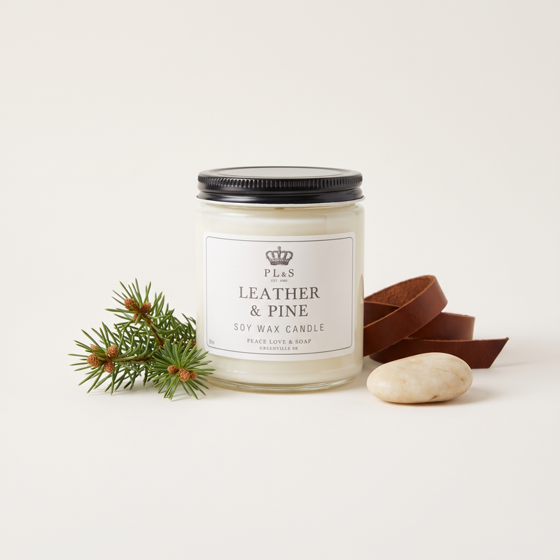a white candle with a black lid and a brown belt next to a branch