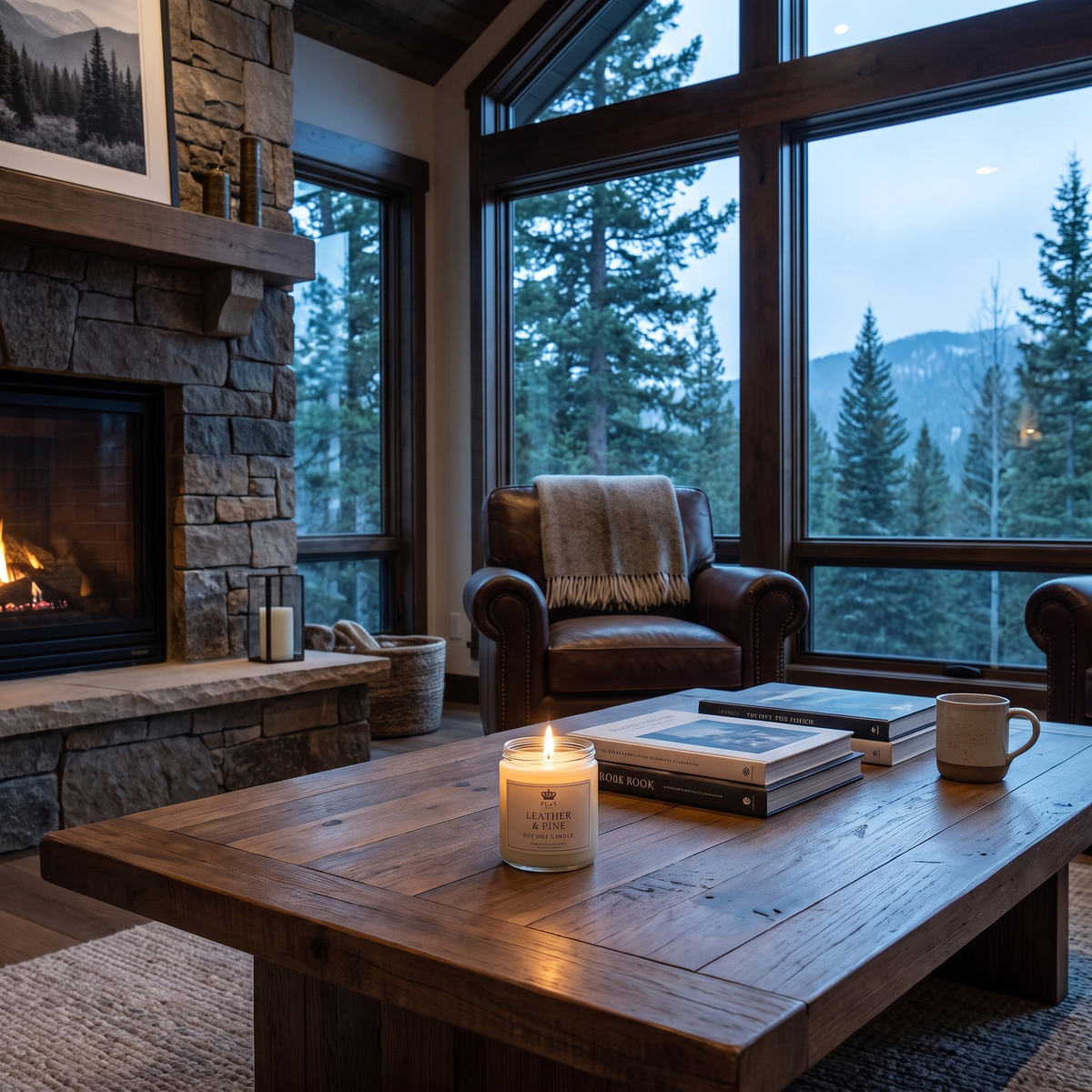 a living room with a fireplace and a wood table