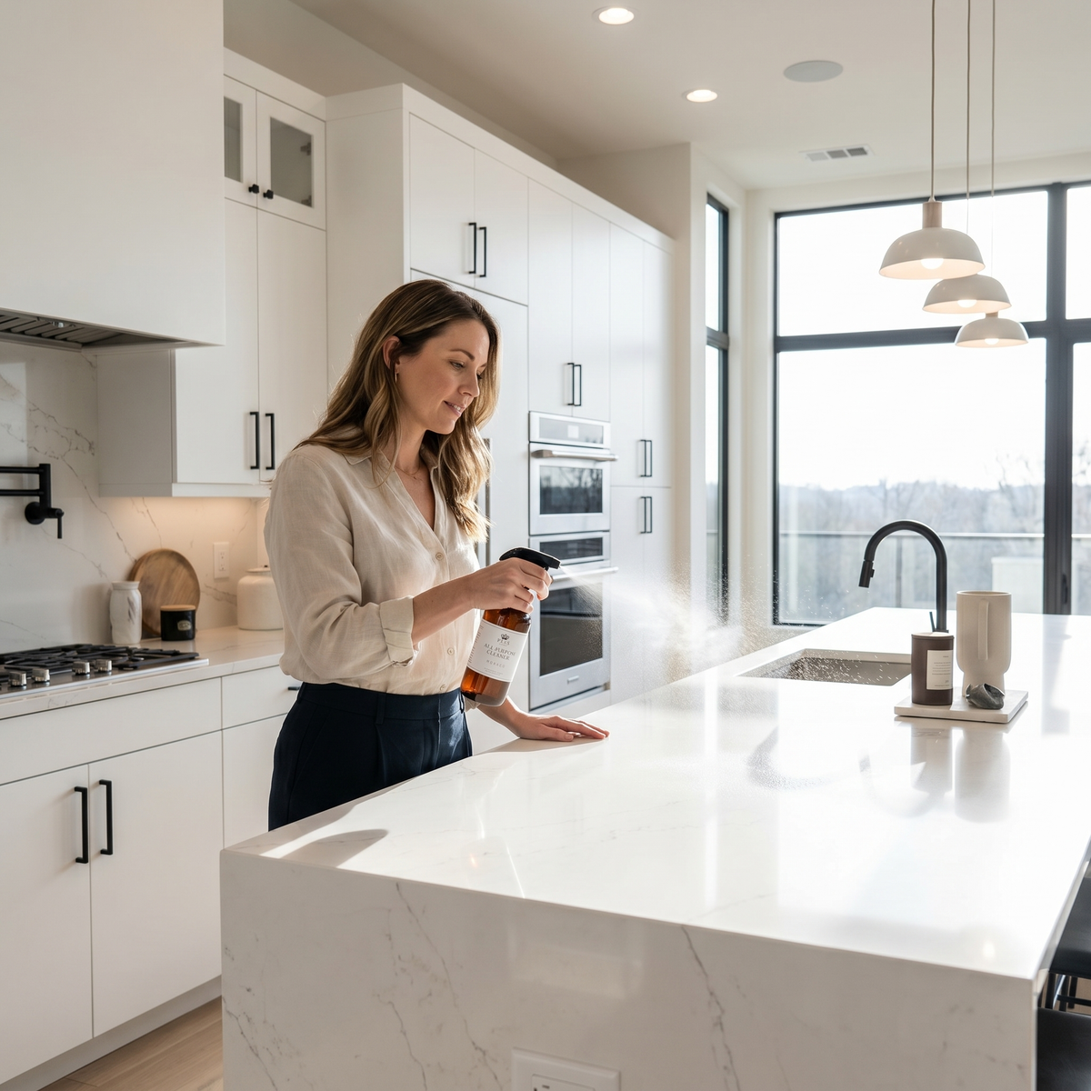 a woman spraying a spray bottle on a kitchen counter