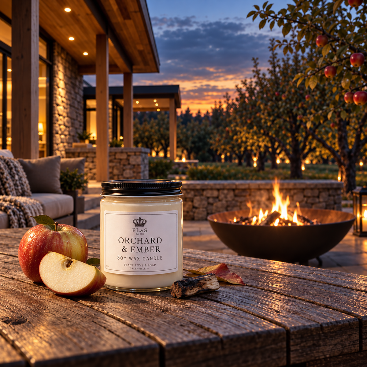 a candle on a table with apples and a fire pit