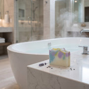 a soap on a counter in a bathroom