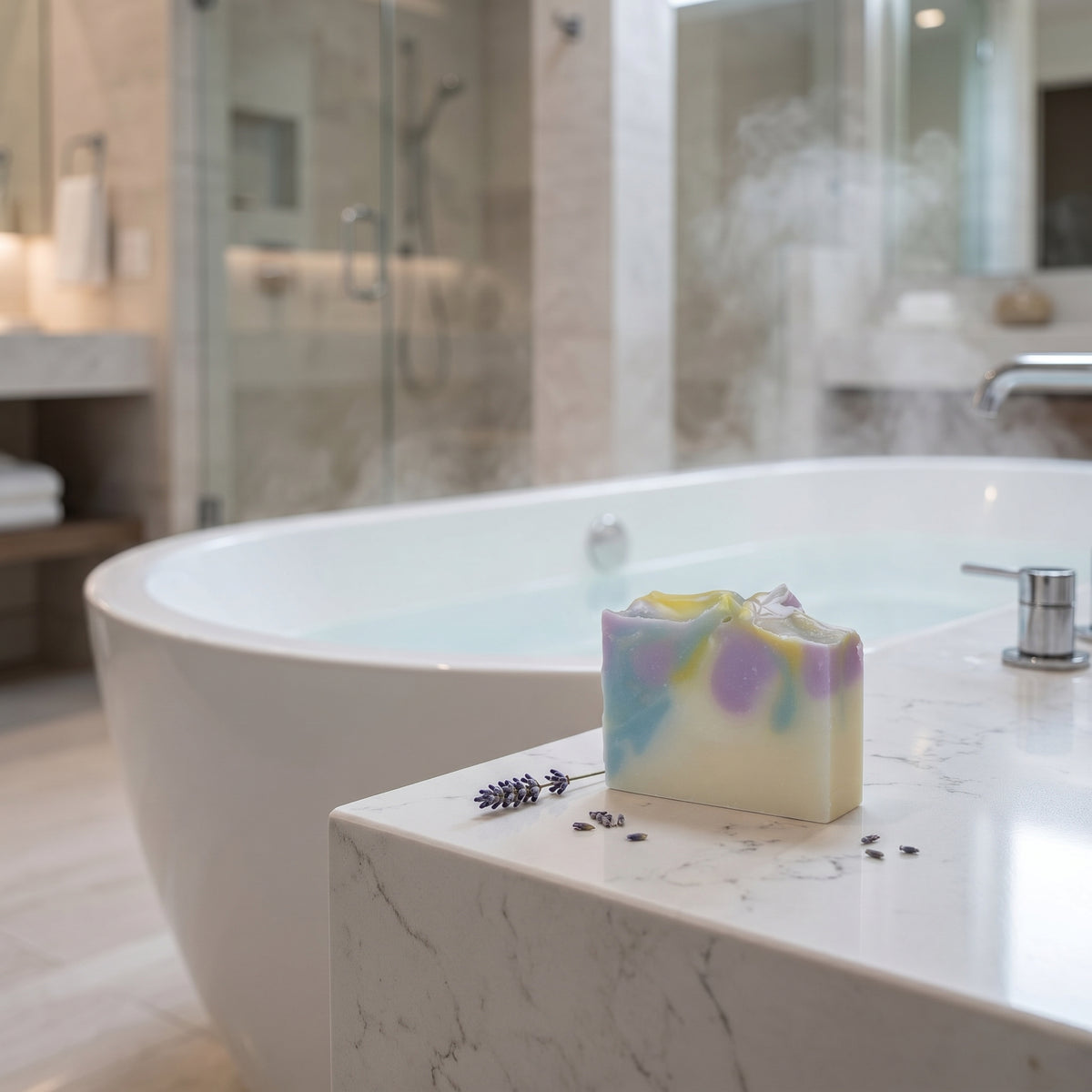 a soap on a counter in a bathroom