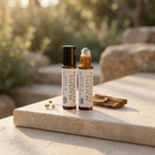 two bottles of essential oils on a stone surface