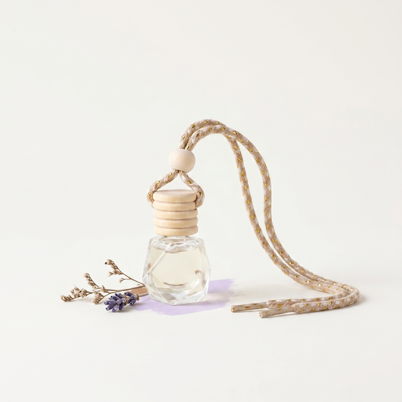 a small glass bottle with a string and a small flower