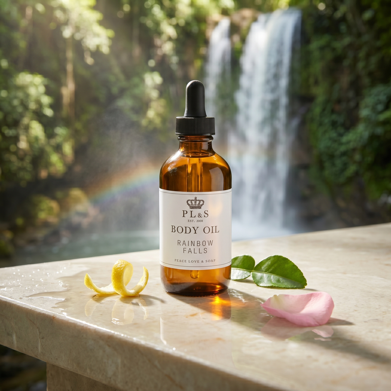 a bottle of body oil next to a waterfall