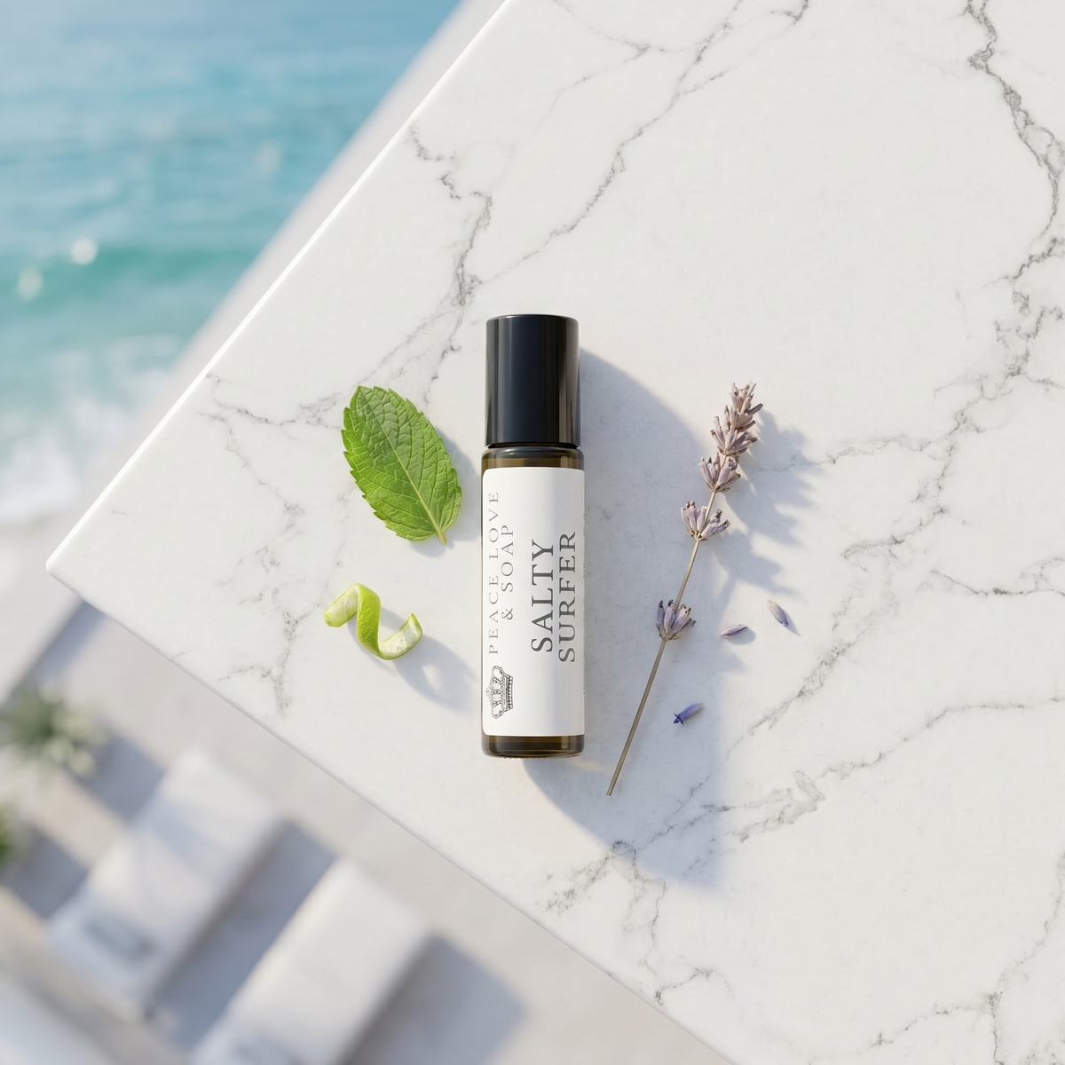 a bottle of essential oil on a marble surface