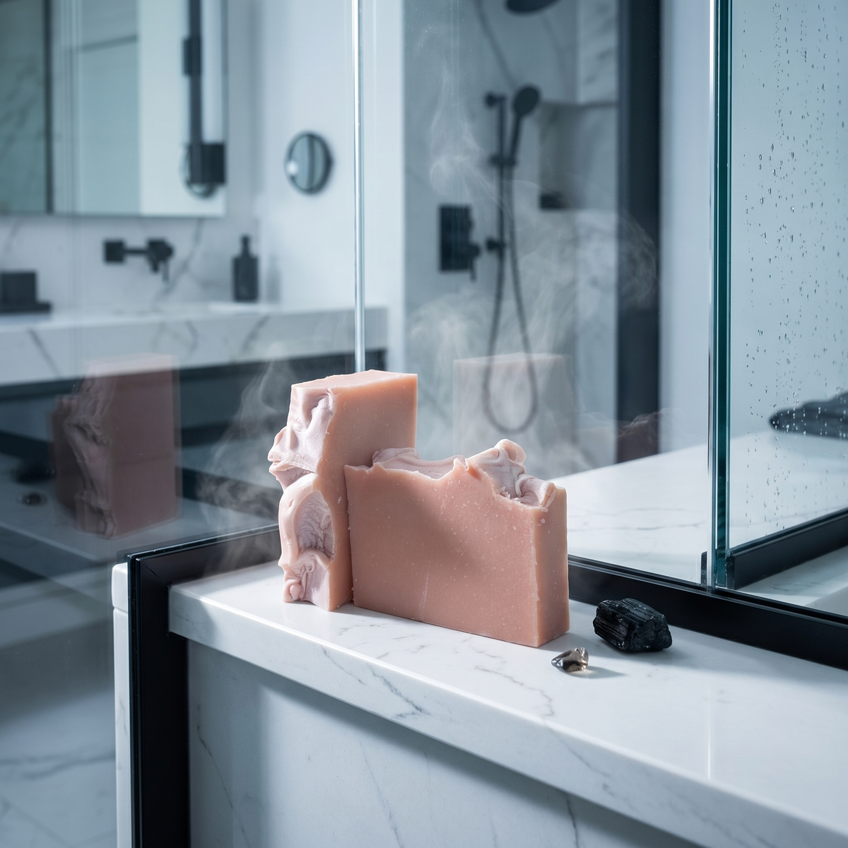 a pink soap on a counter