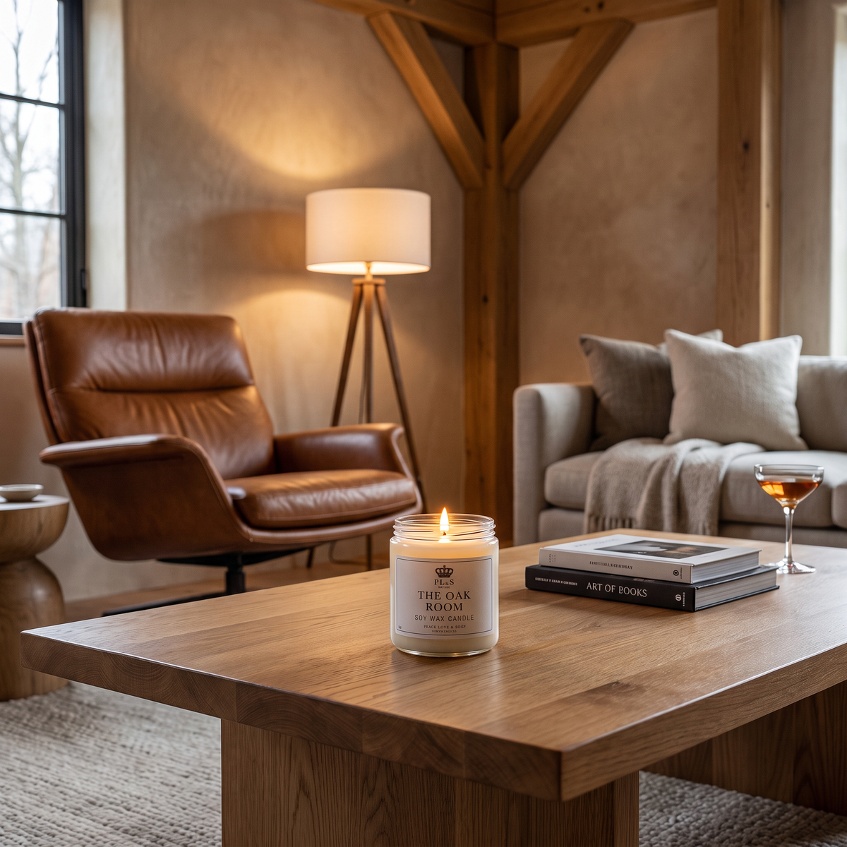 a living room with a candle on a coffee table