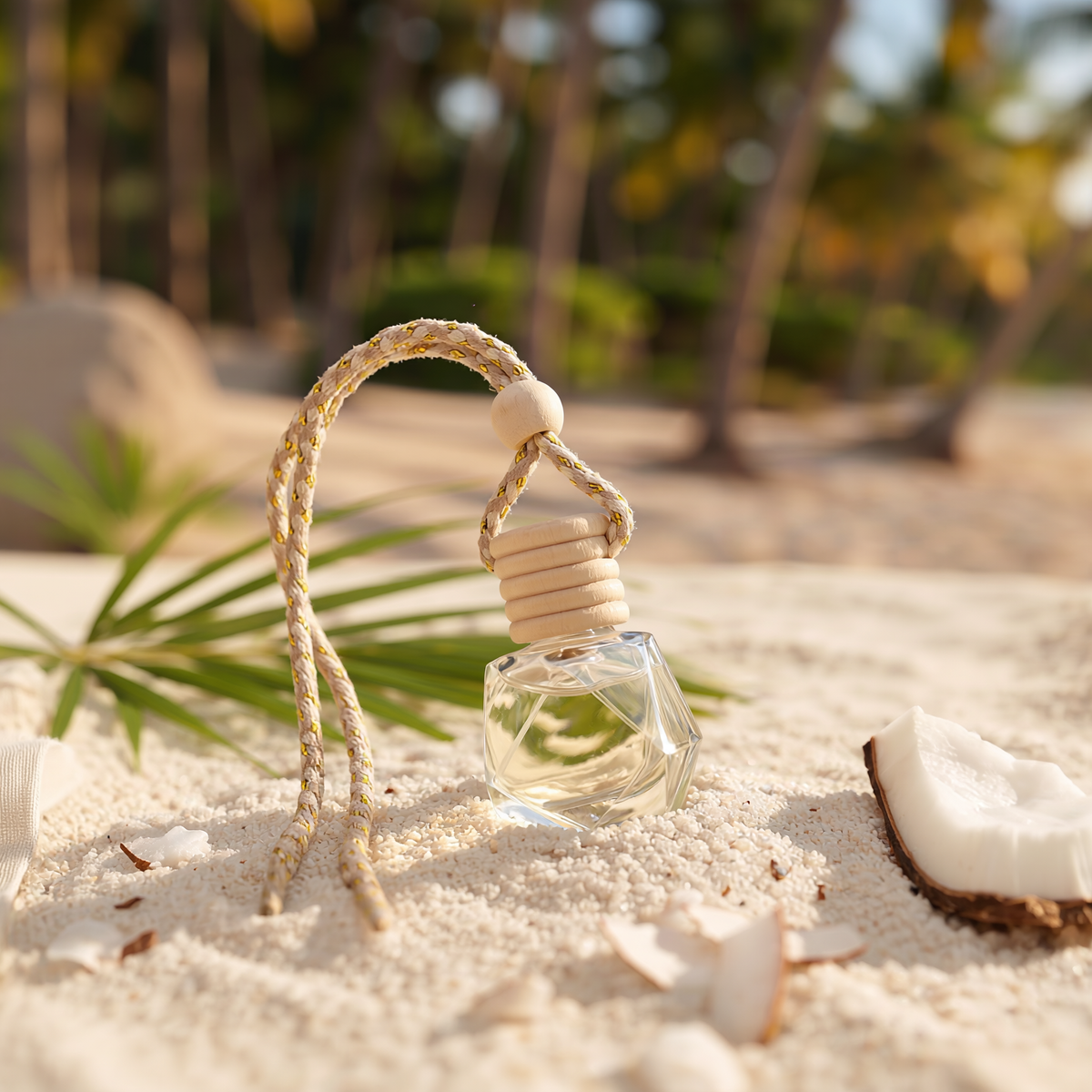 a bottle of perfume on sand