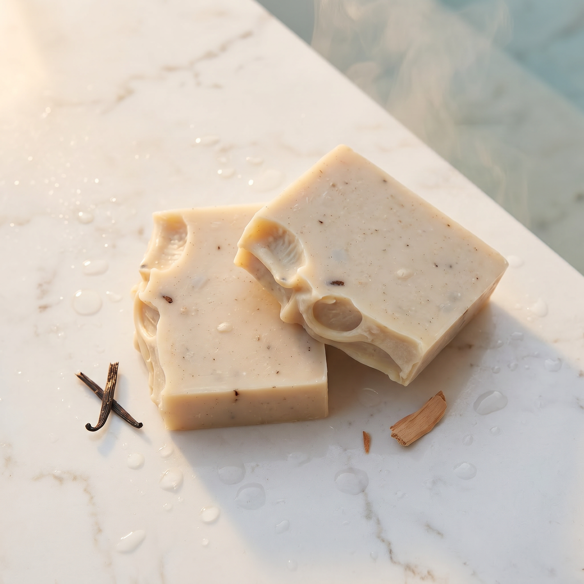 two pieces of soap on a marble surface