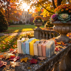 a group of colorful soaps on a stone ledge